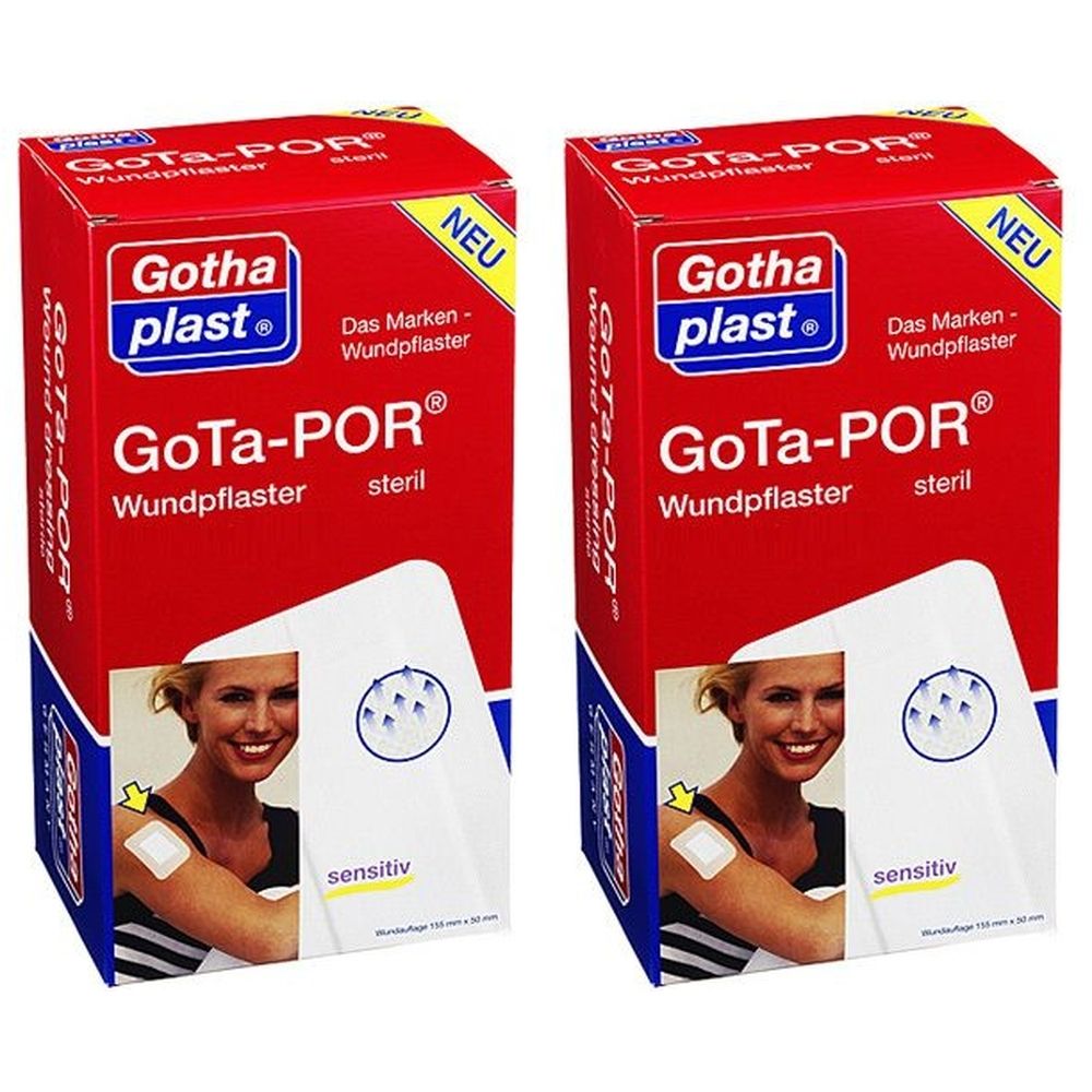Zwei rote Kartons mit GoTa-POR Wundpflaster. Aufdruck: Gothaplast, steril, neu. Abbildung einer Frau mit Pflaster.