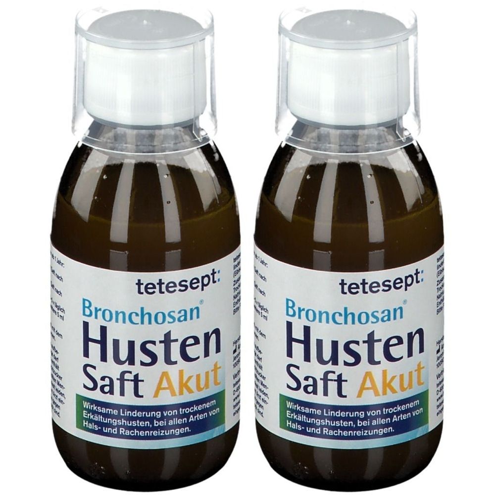 Zwei Flaschen Hustensaft. Auf den Etiketten steht "tetesept Bronchosan Husten Saft Akut". Die Flaschen haben weiße Verschlüsse.