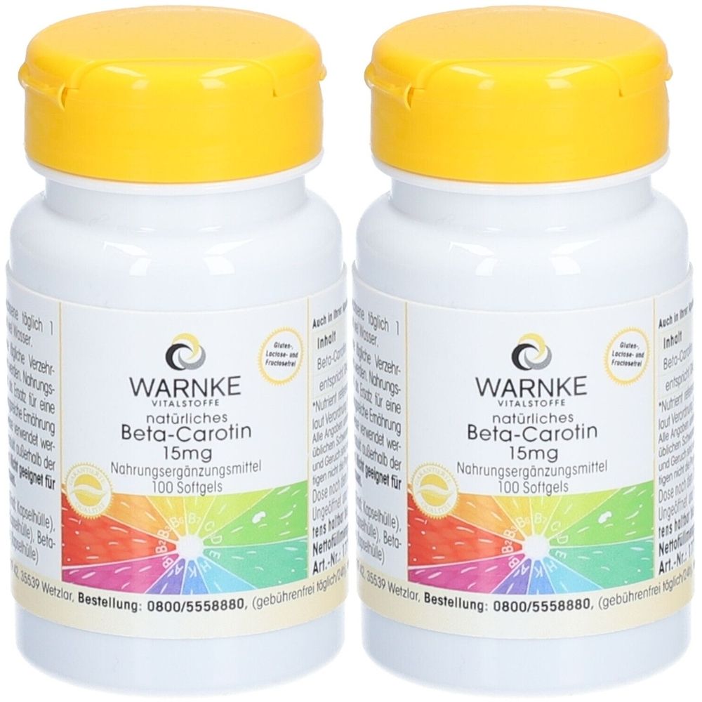 Zwei weiße Flaschen mit gelben Deckeln. Aufschrift: WARNKE Beta-Carotin 15mg, Nahrungsergänzungsmittel. 100 Softgels.