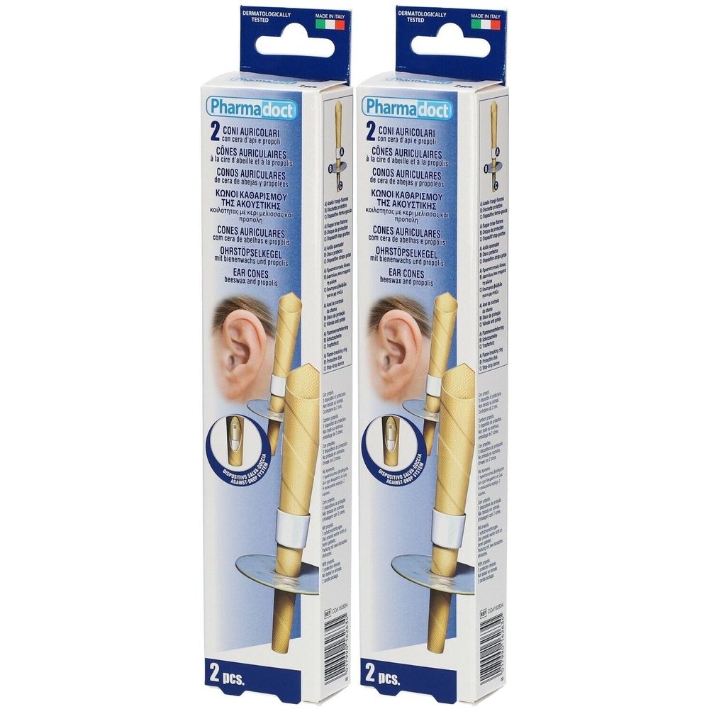 Zwei Packungen Ohrkegel. Jede Packung enthält zwei Kegel. Auf der Verpackung ist der Markenname Pharma doct zu sehen.