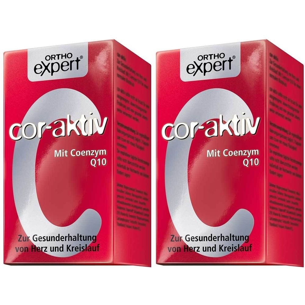 Zwei rote Schachteln. Aufschrift: Orthoexpert cor-aktiv, Mit Coenzym Q10. Text: Zur Gesunderhaltung von Herz und Kreislauf.