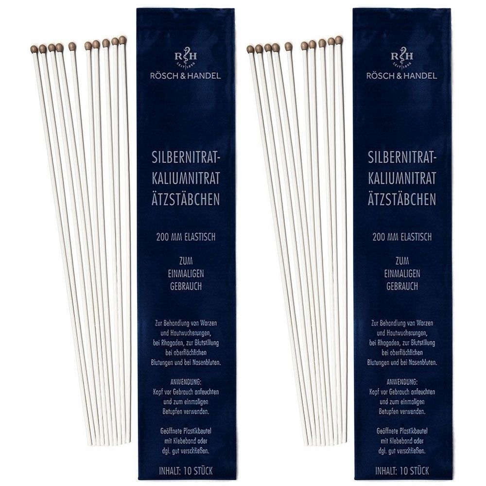 Zwei Packungen Ätzstäbchen mit je 10 Stück. Blaue Verpackung mit Produktbezeichnung und Herstellerlogo. Stäbchen mit runden Köpfen.