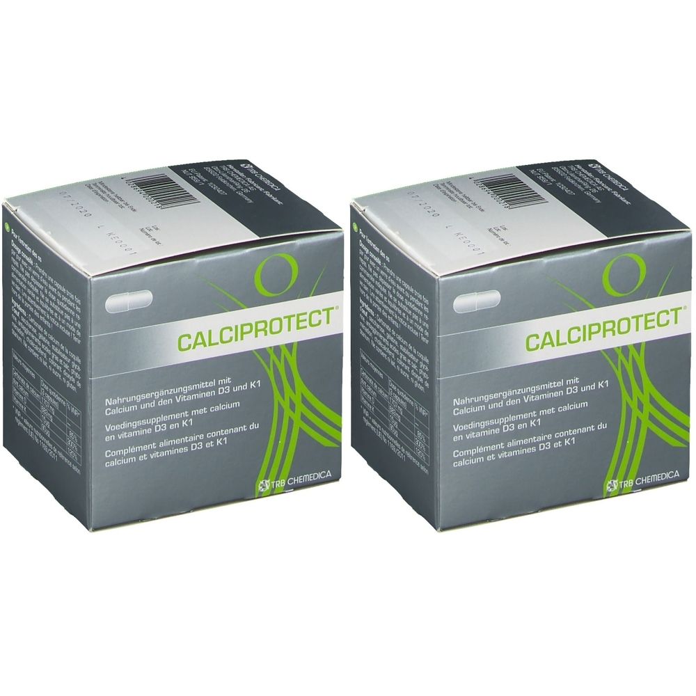 Zwei graue Kartons mit dem Produktnamen CALCIPROTECT und grünen Akzenten. Text in Deutsch, Niederländisch und Französisch.
