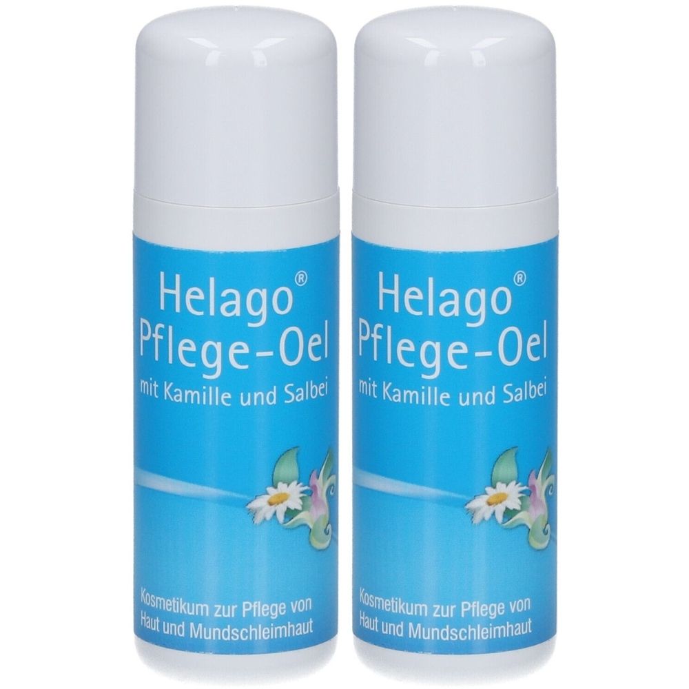 Zwei zylindrische Flaschen mit weißem Deckel. Blaue Etiketten mit Produktnamen und Kamillenblüten-Illustration.