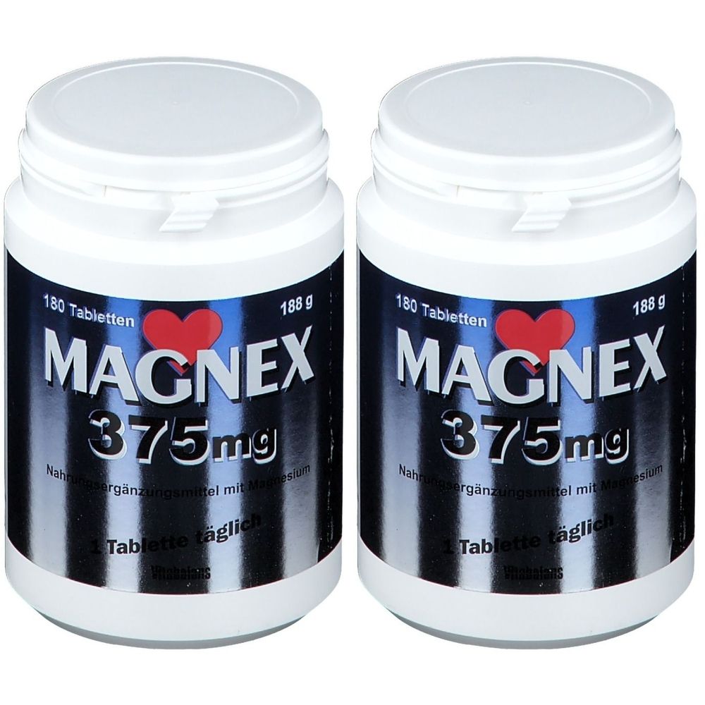 Zwei weiße Flaschen mit MAGNEX 375mg-Etiketten. Jede Flasche enthält 180 Tabletten. Aufschrift: 1 Tablette täglich.
