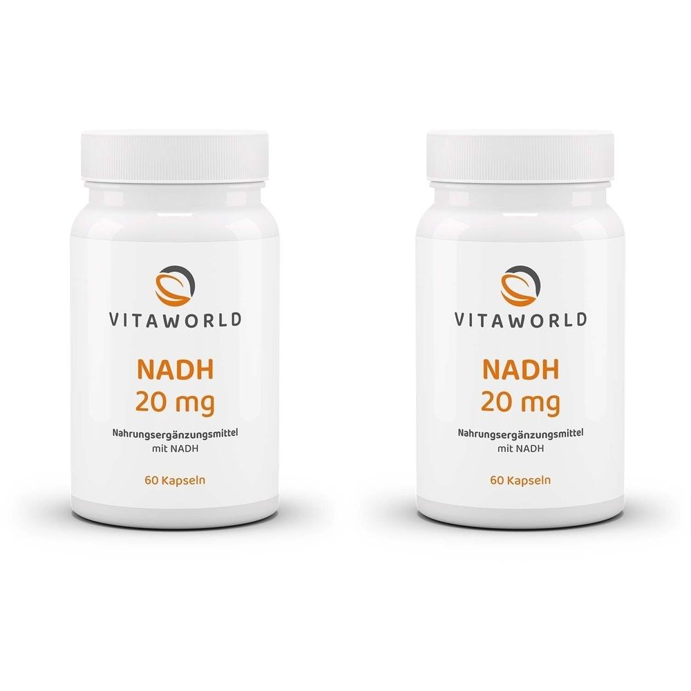 Zwei weiße Flaschen mit Schraubverschluss. Aufschrift: VITAWORLD, NADH 20 mg, Nahrungsergänzungsmittel mit NADH, 60 Kapseln.