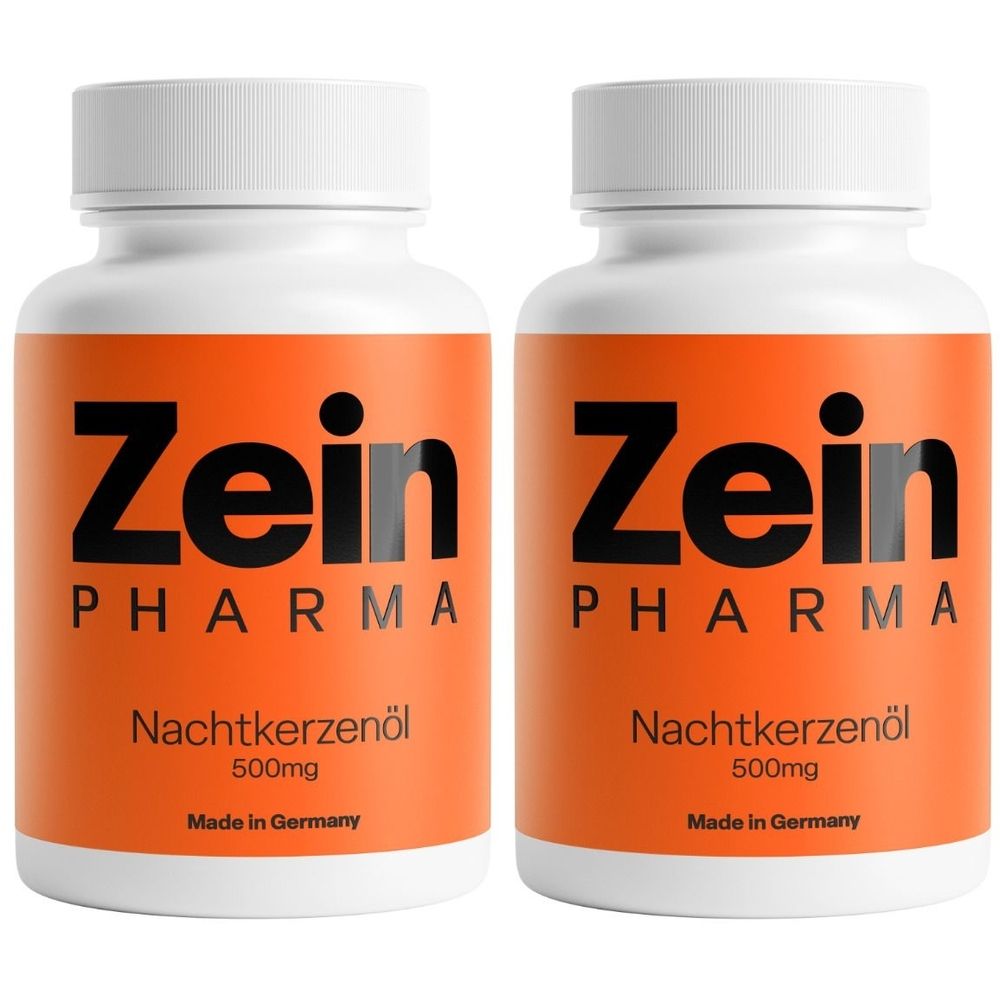 Zwei weiße Flaschen mit orangefarbenen Etiketten. Auf den Etiketten steht "Zein Pharma Nachtkerzenöl 500mg". Hergestellt in Deutschland.
