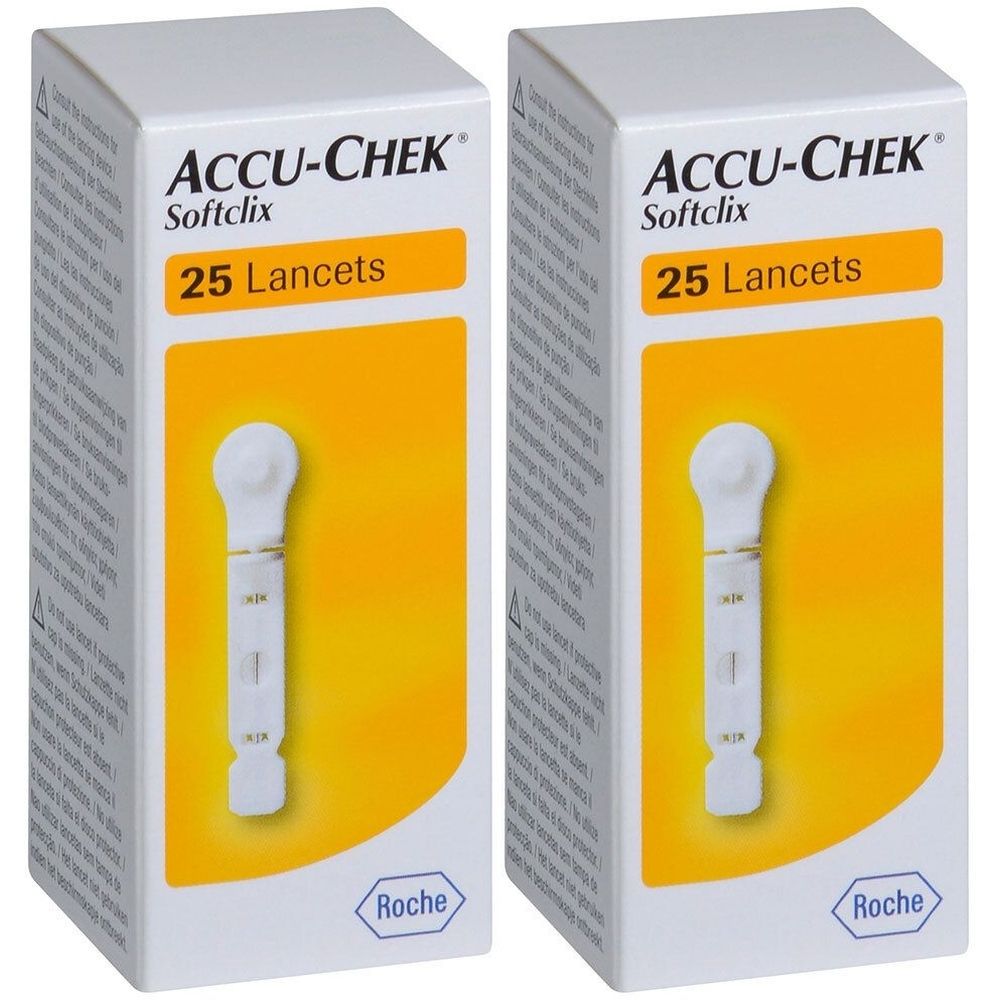 Zwei Packungen ACCU-CHEK Softclix Lanzetten. Jede Packung enthält 25 Lanzetten. Auf jeder Packung ist das Roche-Logo abgebildet.