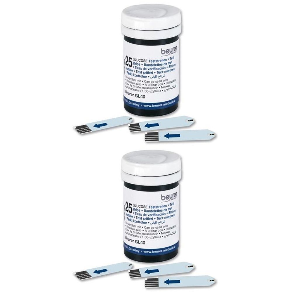 Zwei Behälter mit Teststreifen. Aufschrift: beurer, GLUCOSE Teststreifen, 25 Stück. Blaue Pfeile auf Teststreifen.