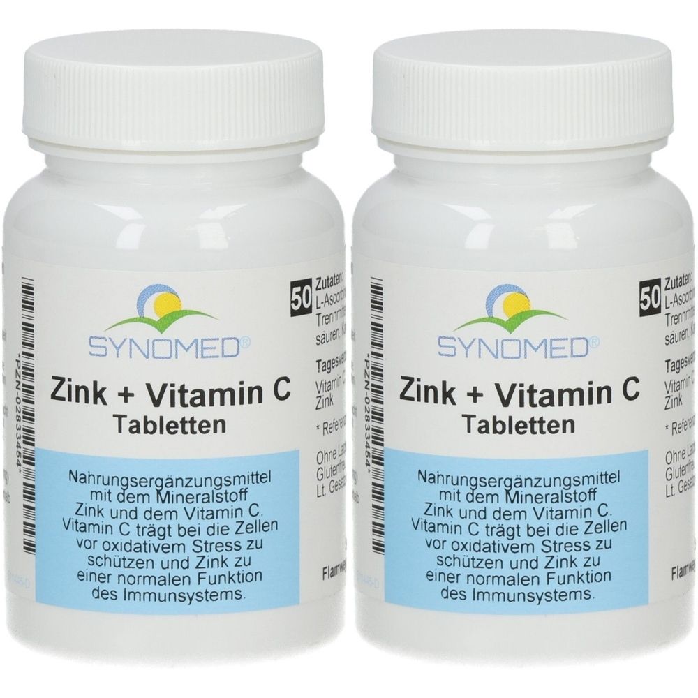 Zwei weiße Flaschen SYNOMED Zink + Vitamin C Tabletten. Aufschrift: Nahrungsergänzungsmittel. 50 Tabletten. Blaue und gelbe Etiketten.