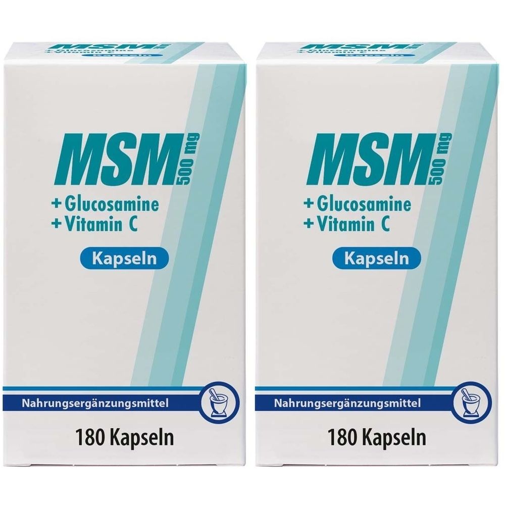 Zwei weiße Kartons mit blauer Schrift. Aufschrift: MSM 500 mg + Glucosamin + Vitamin C Kapseln. 180 Kapseln. Nahrungsergänzungsmittel.