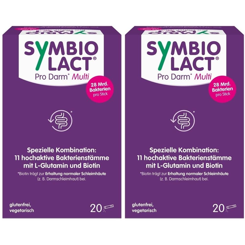Zwei Packungen SymbioLact Pro Darm Multi. Lila Verpackung mit Logo und Produktinformationen. Enthält 20 Sticks.