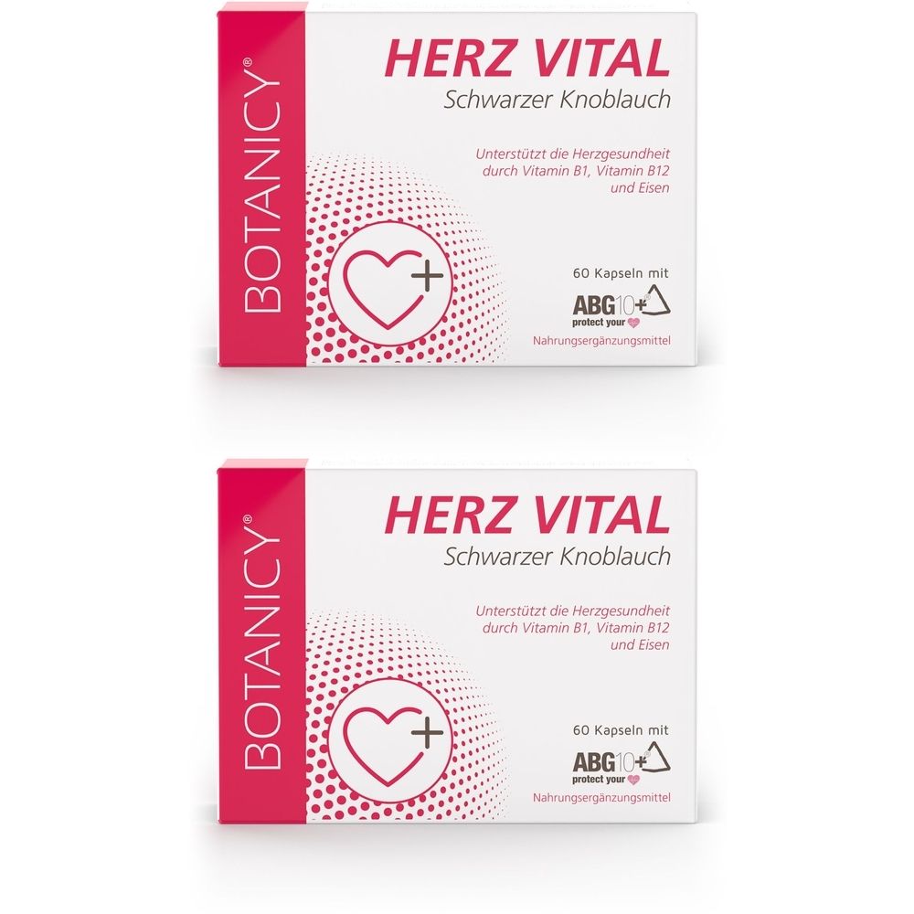 Zwei weiße Schachteln mit roter Schrift. Aufschrift: HERZ VITAL Schwarzer Knoblauch. Logo: Herz mit Pluszeichen. 60 Kapseln.