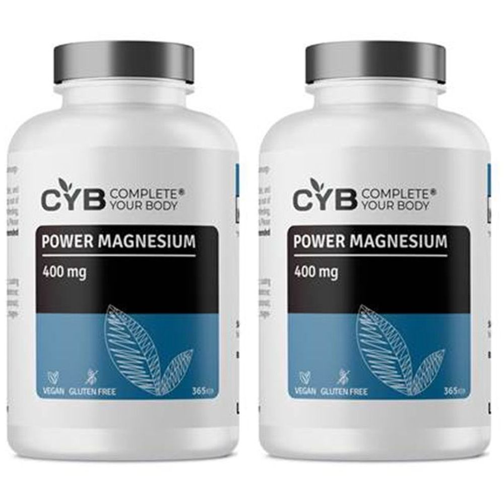 Zwei weiße Flaschen mit grauen Deckeln. Aufschrift: CYB COMPLETE YOUR BODY, POWER MAGNESIUM, 400 mg. Vegan, glutenfrei.