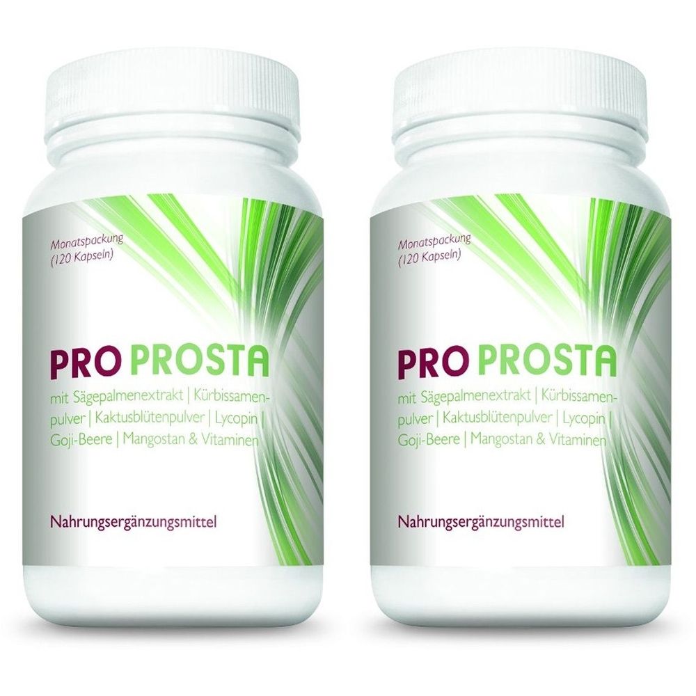 Zwei weiße Flaschen mit dem Aufdruck "PRO PROSTA". Aufschrift: Nahrungsergänzungsmittel. Monatsverpackung mit 120 Kapseln.