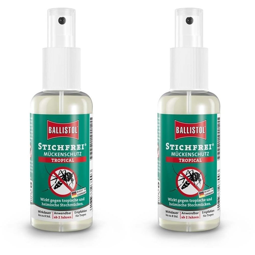 Zwei Sprühflaschen mit weißem Sprühkopf und grüner Etikett. Aufschrift: BALLISTOL STICHFREI Mückenschutz Tropical.