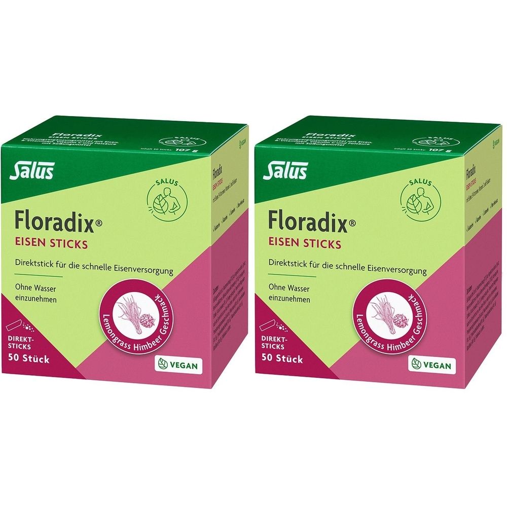 Zwei Kartons Floradix Eisen Sticks. Grün-rosa Verpackung mit Produktnamen, Logo und Text. Vegan-Siegel. 50 Stück.