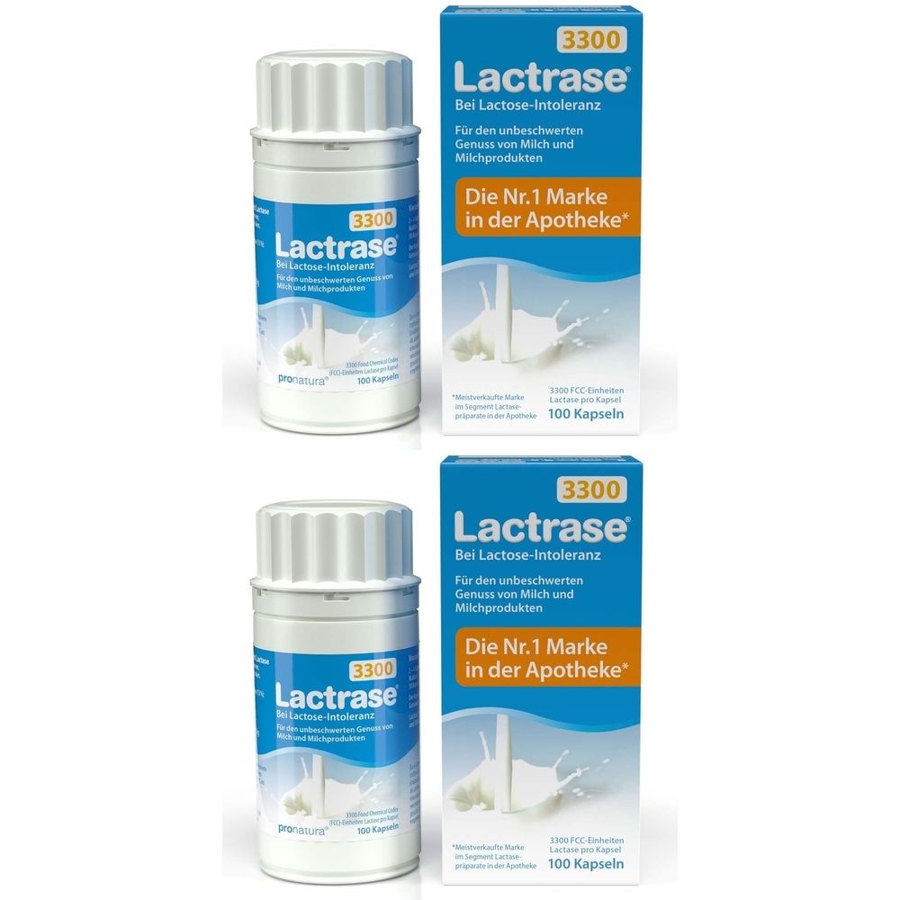 Zwei Flaschen und zwei Schachteln Lactrase 3300. Blaue und weiße Verpackung. Text: Bei Laktoseintoleranz, Die Nr. 1 Marke.