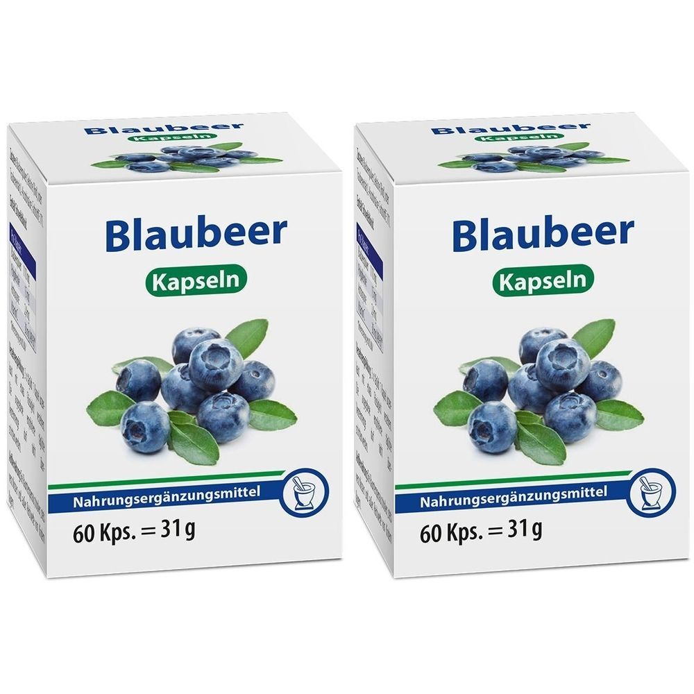 Zwei weiße Kartons mit „Blaubeer Kapseln“-Aufdruck. Abbildung von Blaubeeren und Blättern. Text: Nahrungsergänzungsmittel, 60 Kps. = 31 g.
