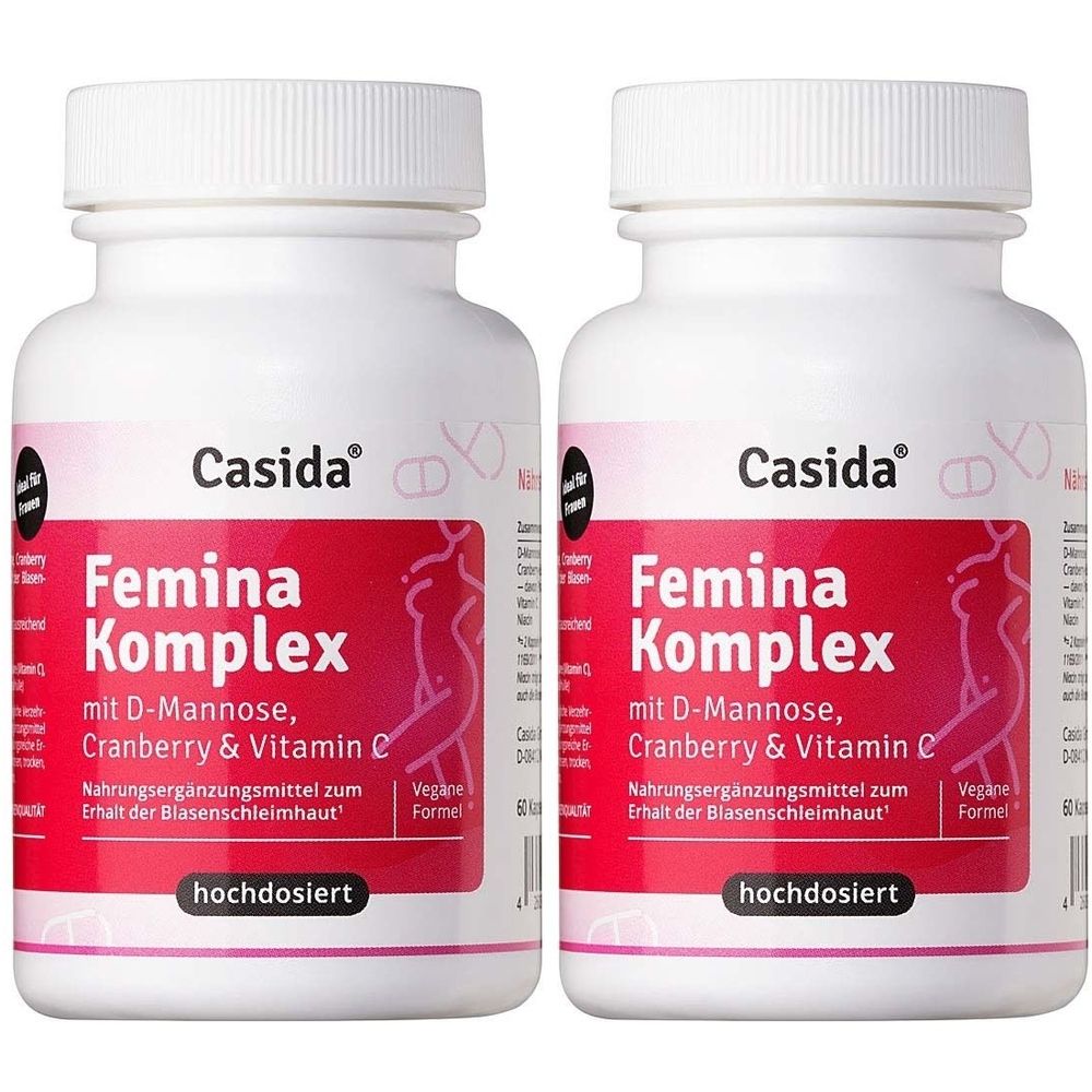 Zwei weiße Flaschen mit Schraubverschluss. Auf rotem Etikett steht "Femina Komplex" und "Casida". Enthält D-Mannose, Cranberry & Vitamin C.