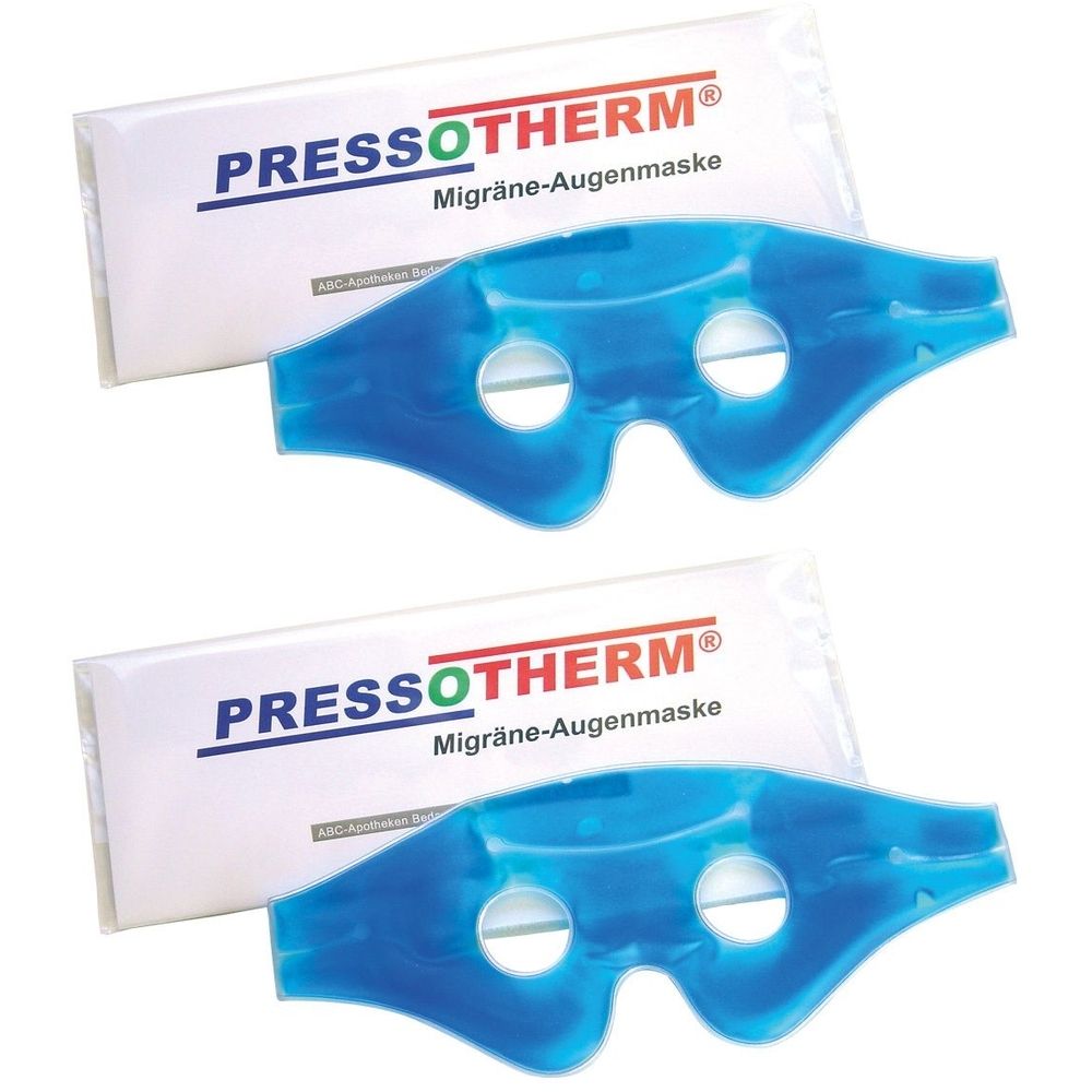 Zwei blaue Augenmasken mit Verpackung. Auf der Verpackung steht PRESSOTHERM® Migräne-Augenmaske.