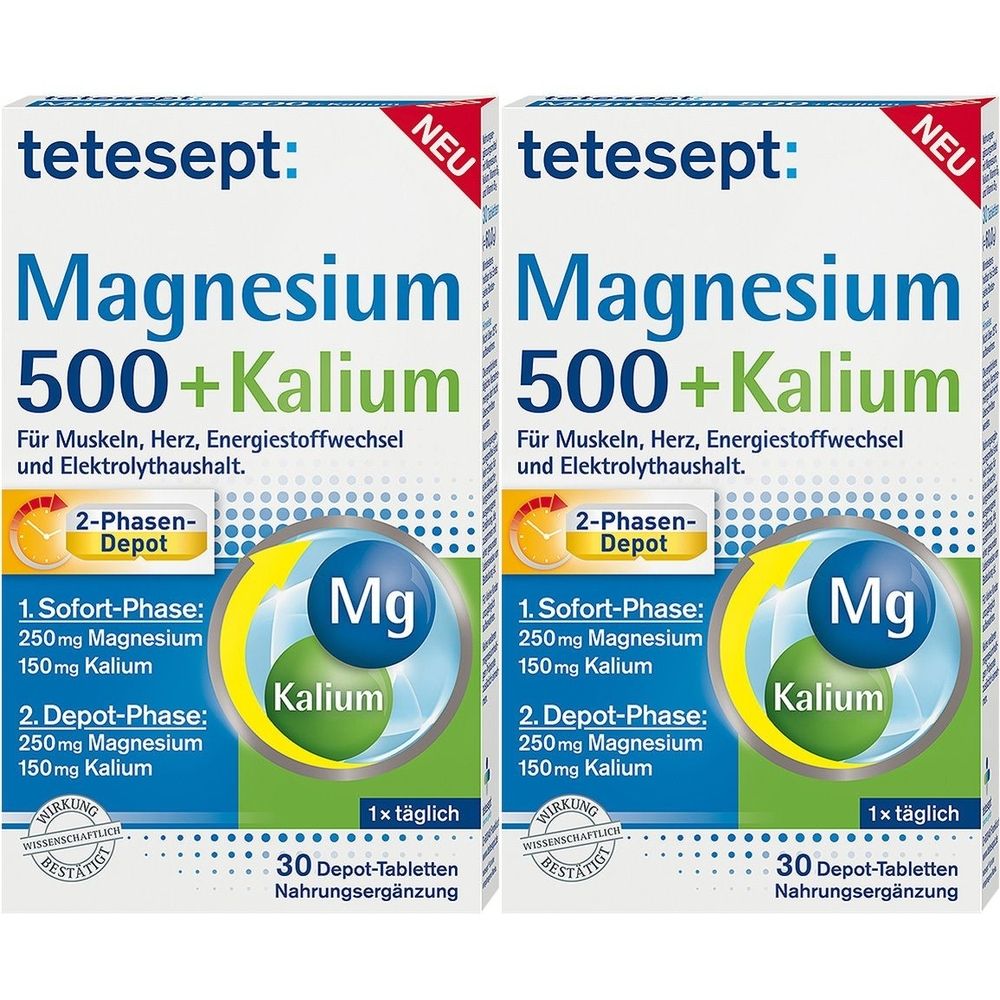 Zwei Packungen tetesept Magnesium 500 + Kalium. Weiße Schachteln mit blauen, grünen und gelben Elementen. Text: Magnesium 500 + Kalium, 30 Depot-Tabletten.