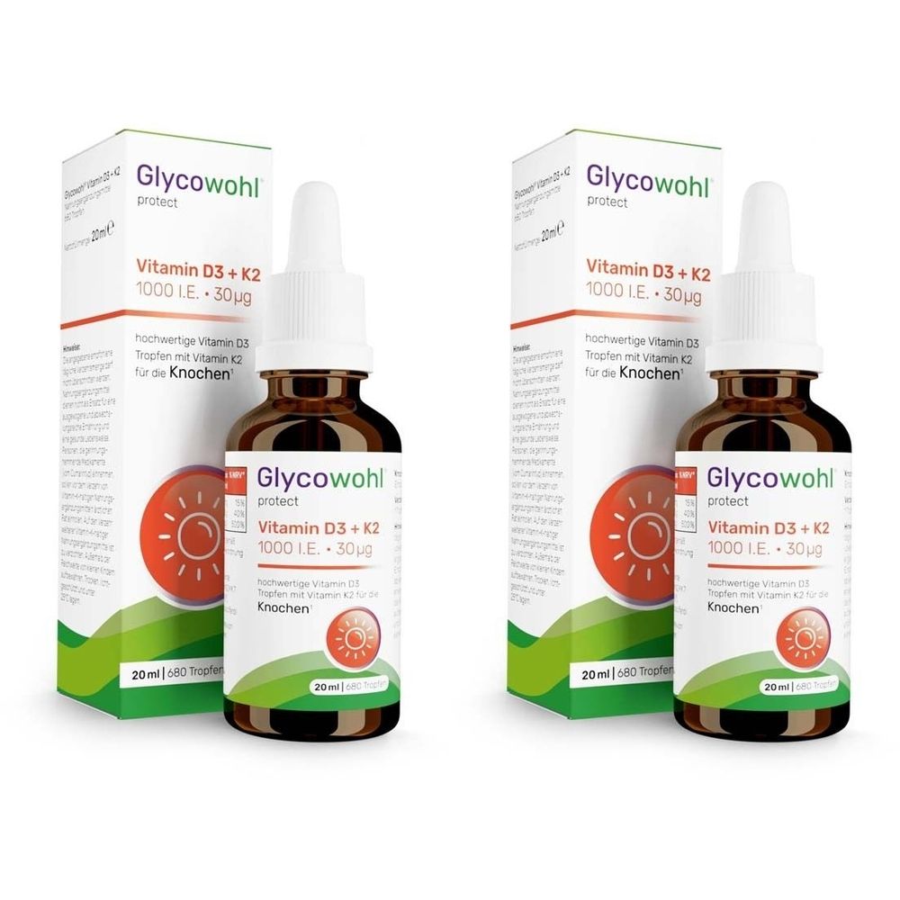 Zwei Flaschen mit Tropfer und Verpackung. Aufschrift: Glycowohl protect Vitamin D3 + K2. 1000 I.E. + 30µg. Für die Knochen.