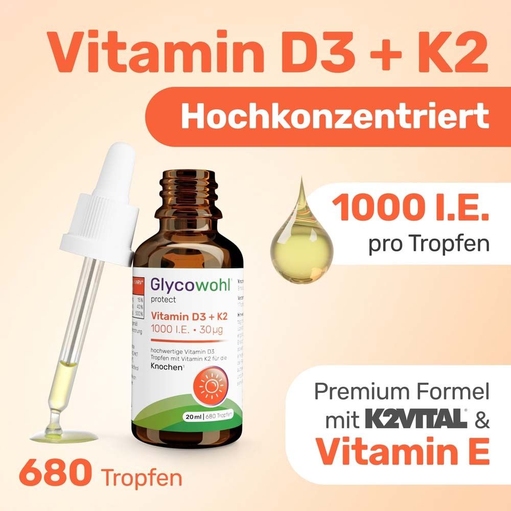 Flasche Glycowohl Vitamin D3 + K2 1000 I.E. pro Tropfen, 680 Tropfen.
