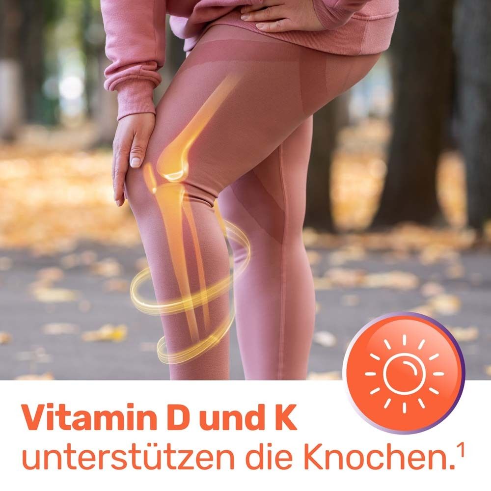 Grafik zeigt Vitamin D und K zur Unterstützung der Knochen, mit Sonne und Kreisen.