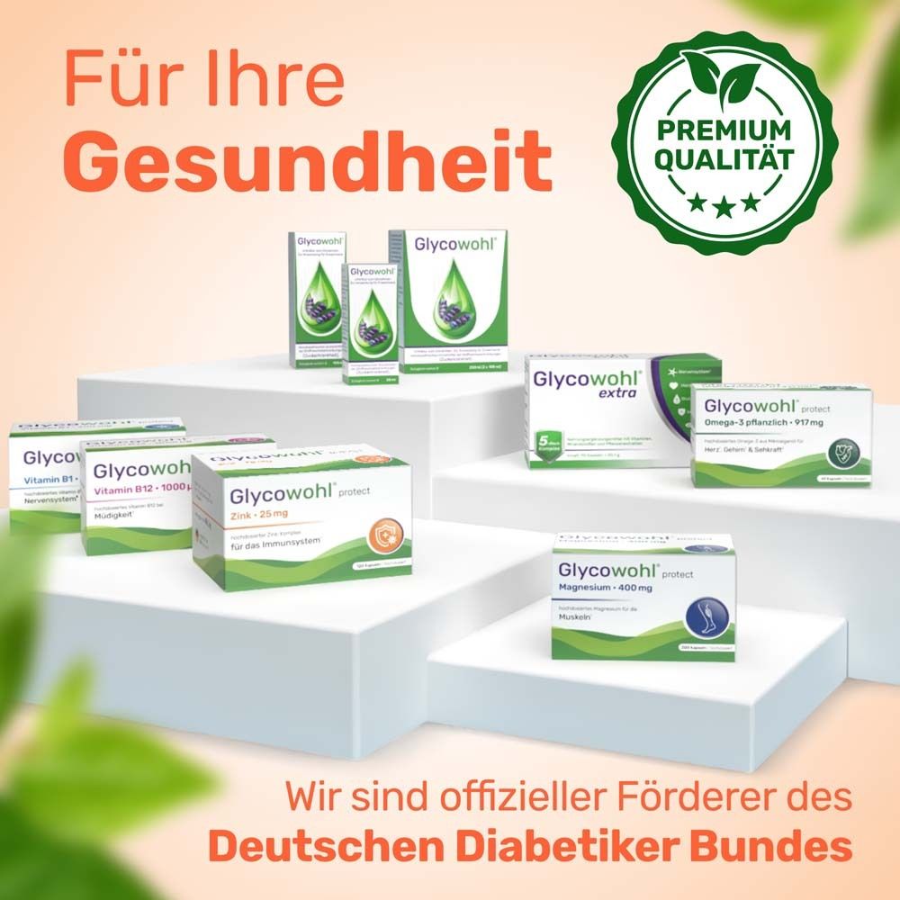Präsentation von Glycowohl Produkten, mit Siegel 'Premium Qualität'.