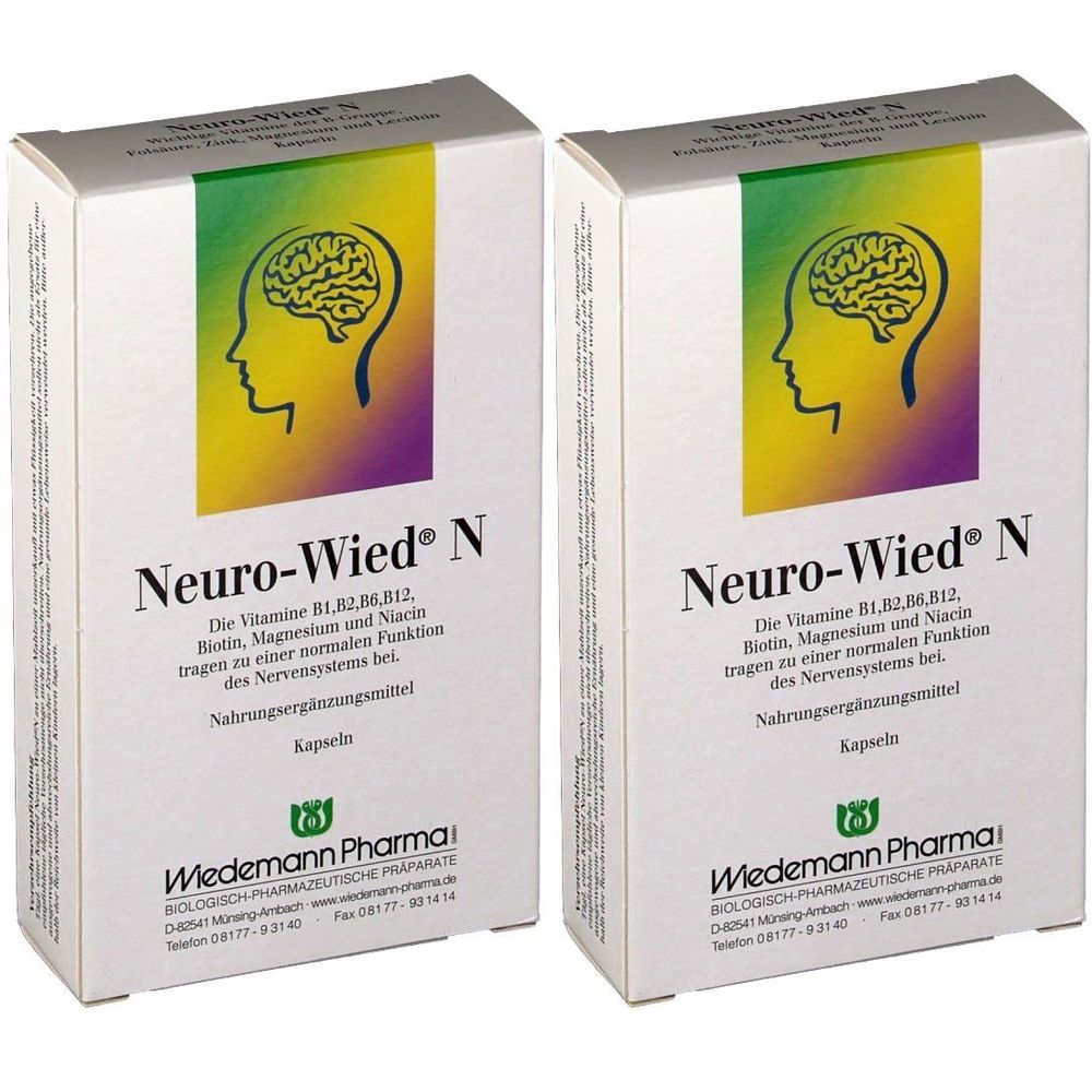 Zwei Schachteln Neuro-Wied® N. Aufdruck: Name, Inhaltsstoffe, Nahrungsergänzungsmittel. Logo Wiedemann Pharma. Weiße Verpackung mit grünem und gelbem Design.
