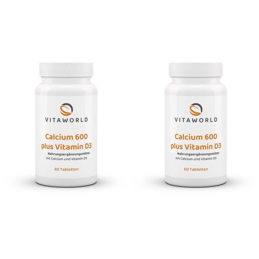 Zwei weiße Flaschen mit Schraubverschluss. Aufschrift: VITAWORLD, Calcium 600 plus Vitamin D3. Nahrungsergänzungsmittel. 60 Tabletten.