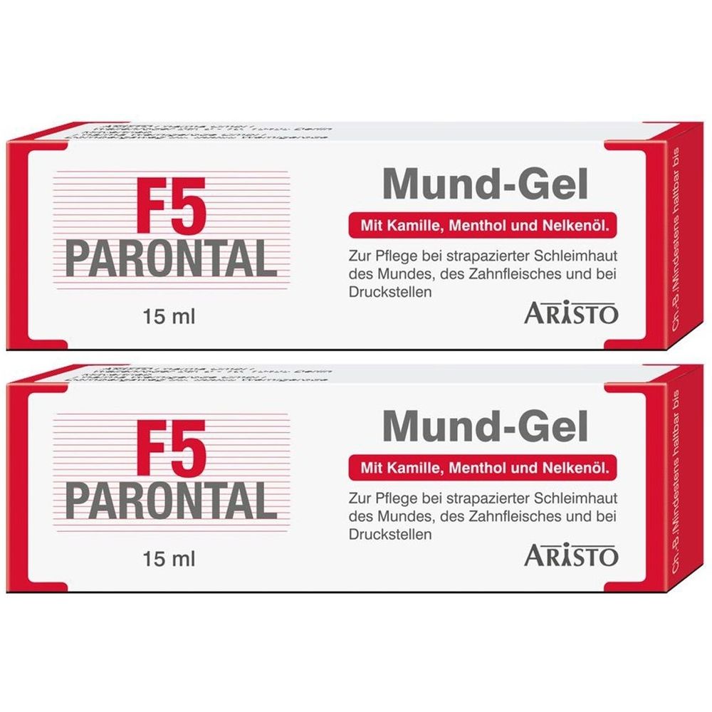Zwei Tuben Mund-Gel. Weiß mit roter Schrift. Aufschrift: F5 Parontal, Mund-Gel, 15 ml. Mit Kamille, Menthol und Nelkenöl.