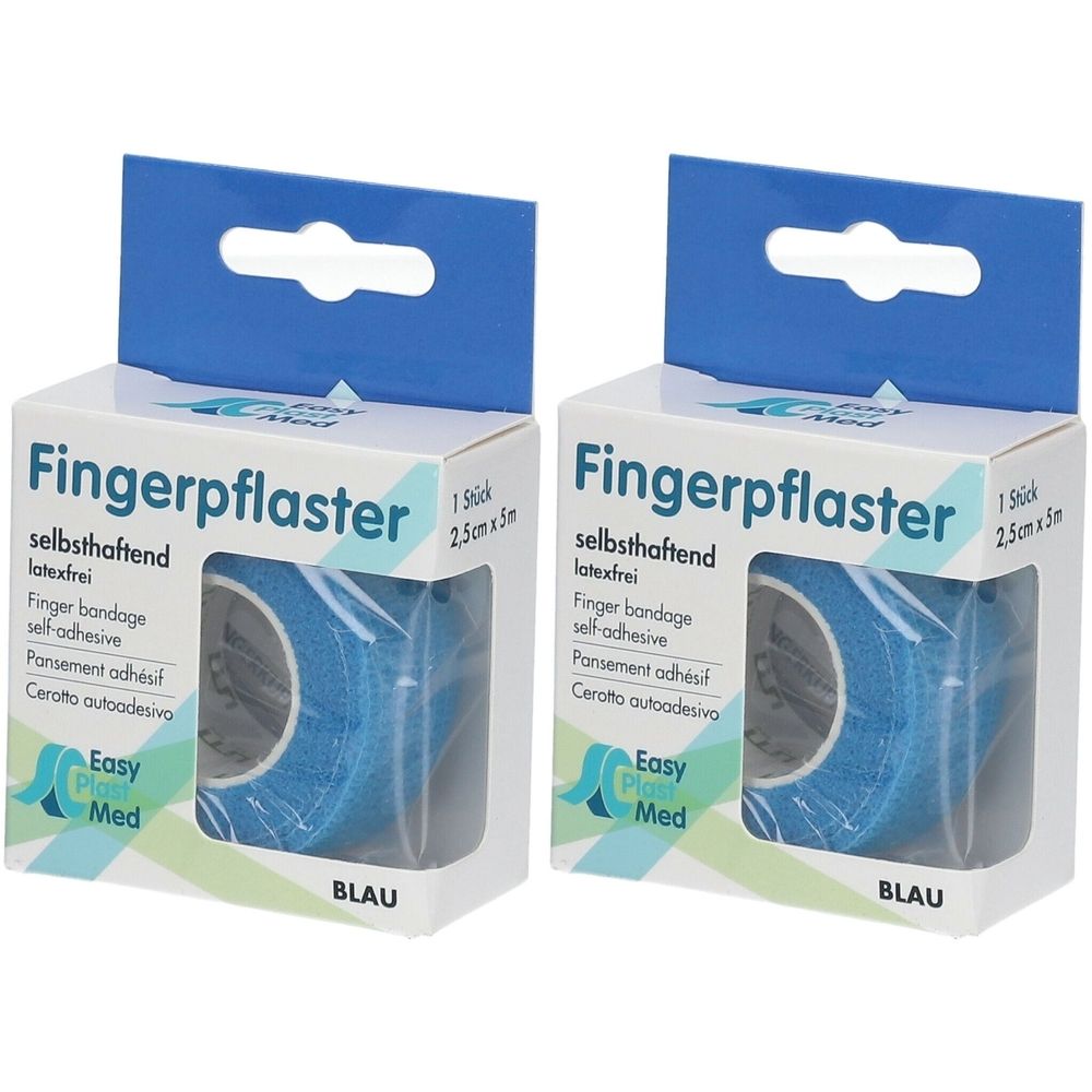 Zwei Packungen Fingerpflaster, blau. Selbsthaftend, latexfrei. Verpackung mit Produktnamen, Größe 2,5 cm x 5 m und Marke Easy Plast Med.