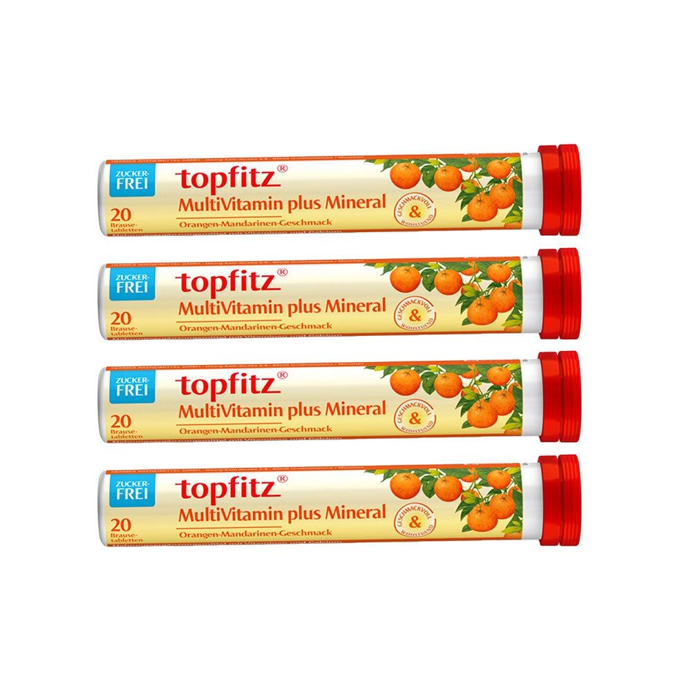 Vier Tuben Topfitz Multivitamin plus Mineral Brausetabletten. Jede Tube hat einen roten Verschluss und enthält 20 Tabletten. Orangen-Mandarinen-Geschmack.
