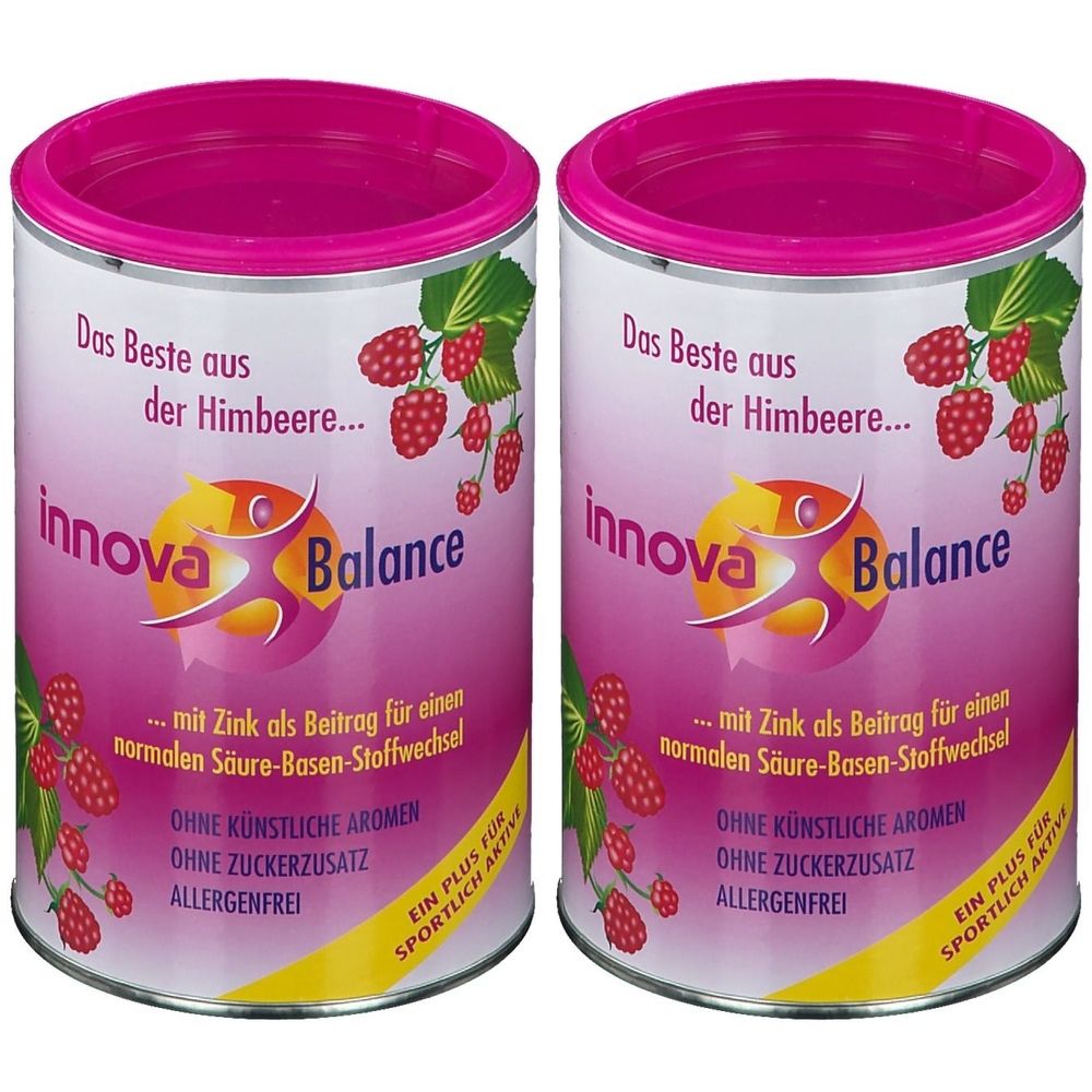 Zwei Dosen innova Balance. Aufschrift: Das Beste aus der Himbeere. Mit Zink, ohne künstliche Aromen, ohne Zuckerzusatz, allergenfrei. Rosa Deckel.
