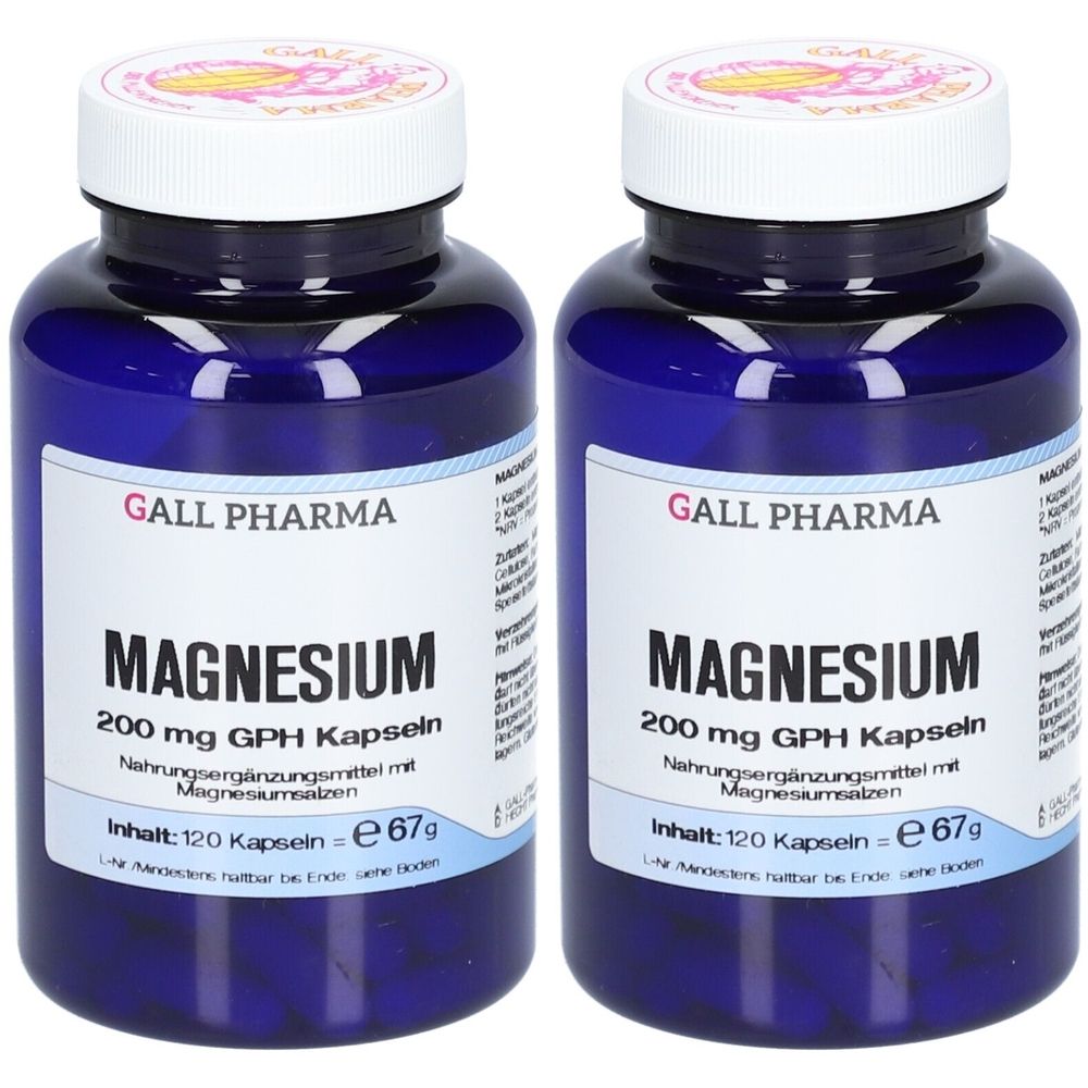 Zwei blaue Flaschen mit weißem Deckel. Auf dem Etikett steht "MAGNESIUM 200 mg GPH Kapseln" und "GALL PHARMA".