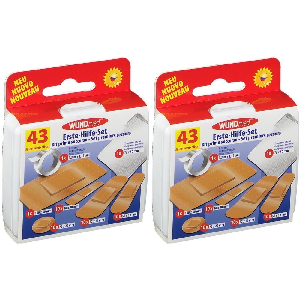 Zwei WUNDmed Erste-Hilfe-Sets. Weiße Verpackung mit rotem Deckel. Enthält Pflaster in verschiedenen Größen. Aufschrift: 43 Teile.