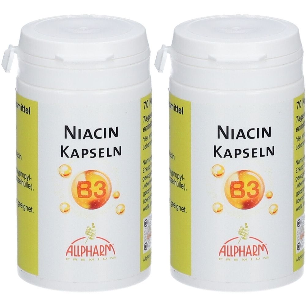 Zwei weiße Flaschen mit Deckel. Aufschrift: Niacin Kapseln, B3, ALLPHARM. Gelber Hintergrund mit Text.