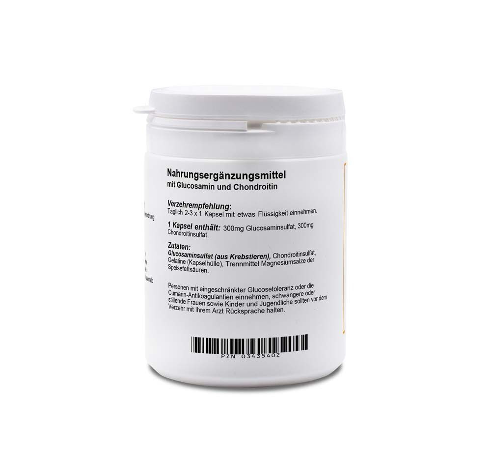 Rückseite eines weißen Behälters mit Nährwertangaben für Glucosamin und Chondroitin.