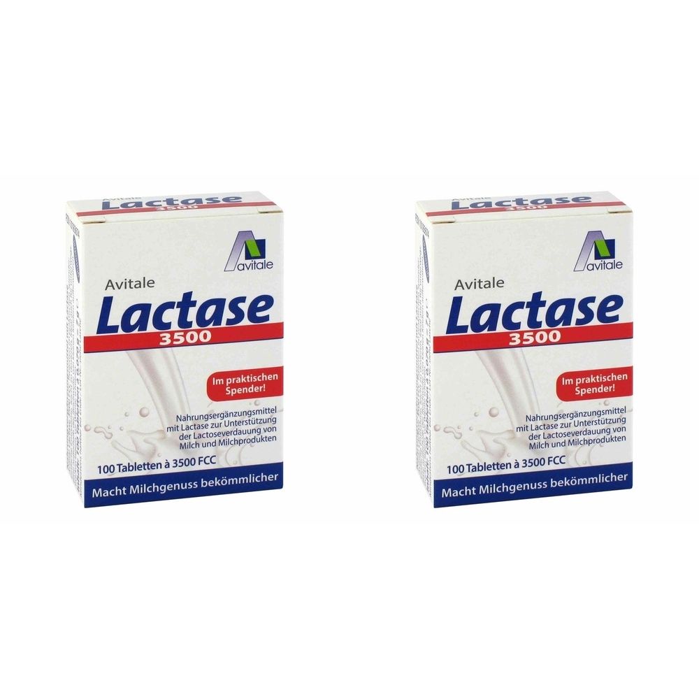 Zwei Kartons mit "Lactase 3500". Aufschrift "Avitale". Enthält 100 Tabletten. Text: "Macht Milchgenuss bekömmlicher".