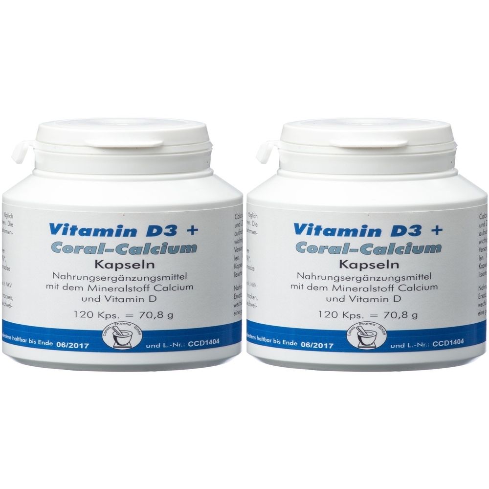 Zwei weiße Flaschen mit Schraubverschluss. Aufschrift: Vitamin D3 + Coral-Calcium Kapseln. 120 Kps. 70,8 g. MHD 06/2017.