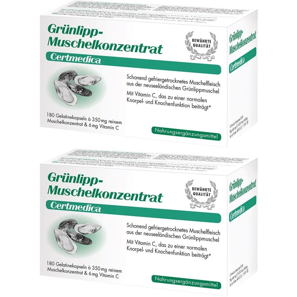 Zwei Packungen Grünlipp-Muschelkonzentrat. Weiße Schachteln mit grüner Schrift und Produktabbildung. Enthält 180 Kapseln.