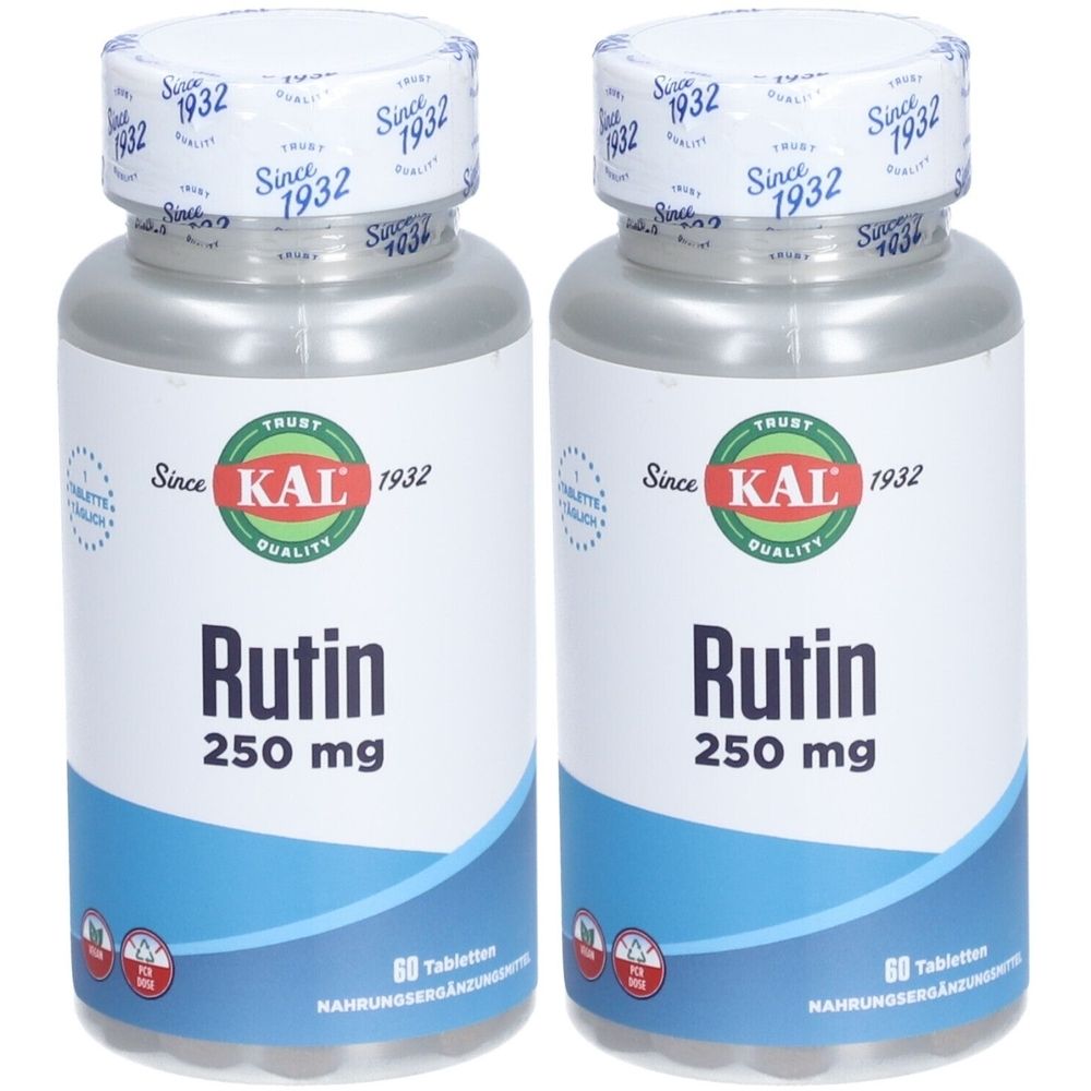 Zwei Flaschen mit weißem Etikett. Aufschrift: Rutin 250 mg. Marke: KAL. Deckel mit Aufschrift: Since 1932. Enthält 60 Tabletten.