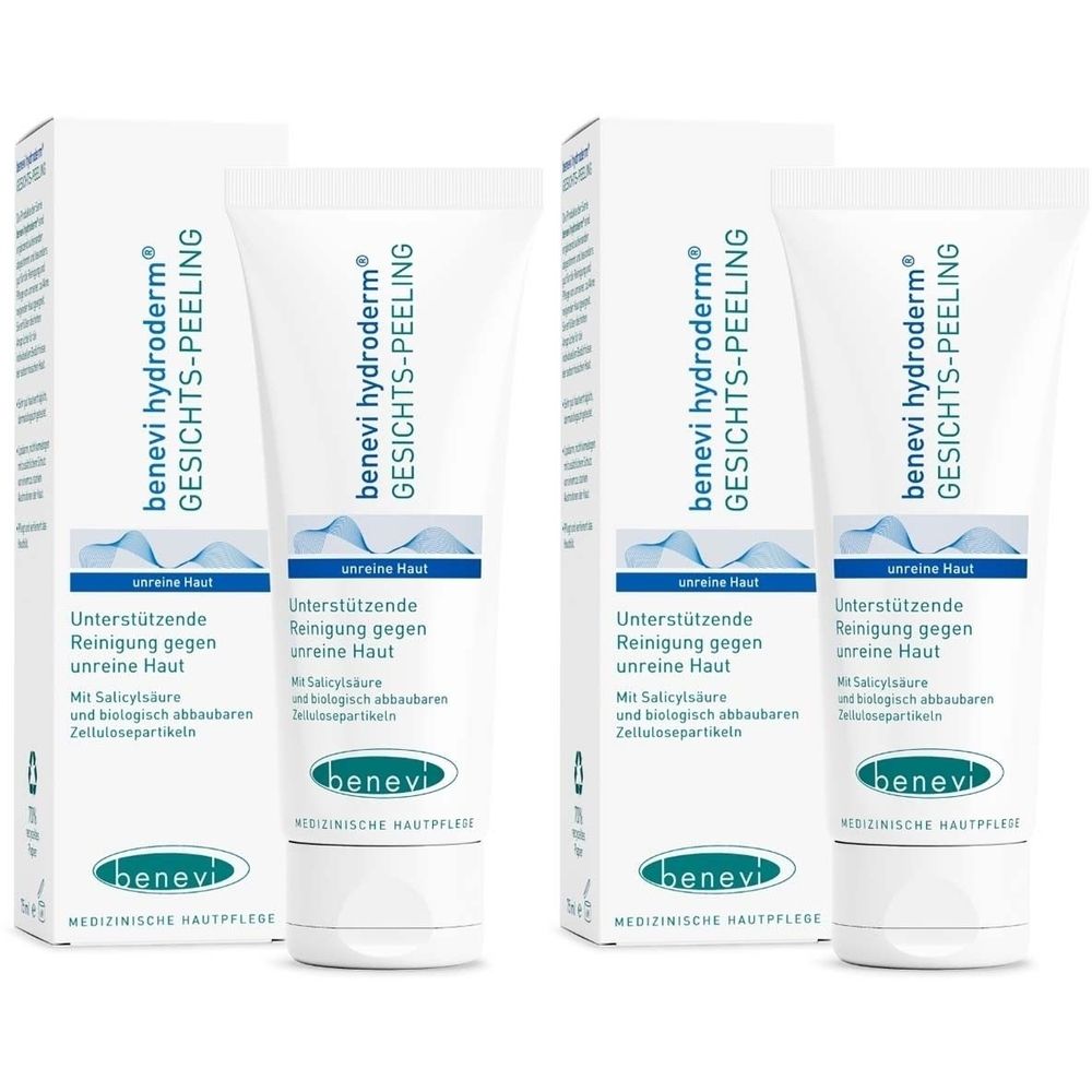 Mehrere Tuben und Verpackungen. Aufschrift: benevi hydroderm GESICHTS-PEELING. Text: Unterstützende Reinigung gegen unreine Haut.
