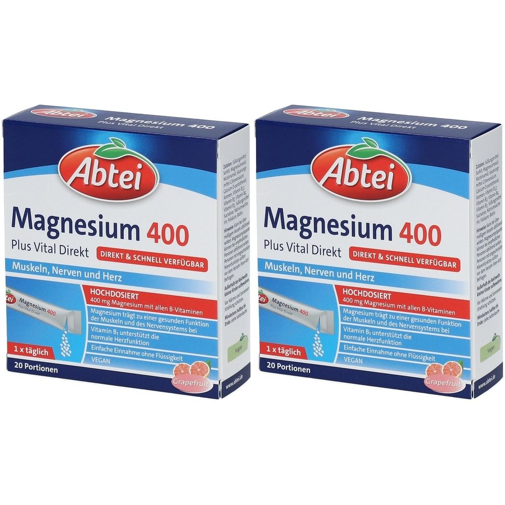 Zwei Schachteln Abtei Magnesium 400 Plus Vital Direkt. Blaue und weiße Verpackung mit rotem Logo. Text: Muskeln, Nerven und Herz. 20 Portionen.