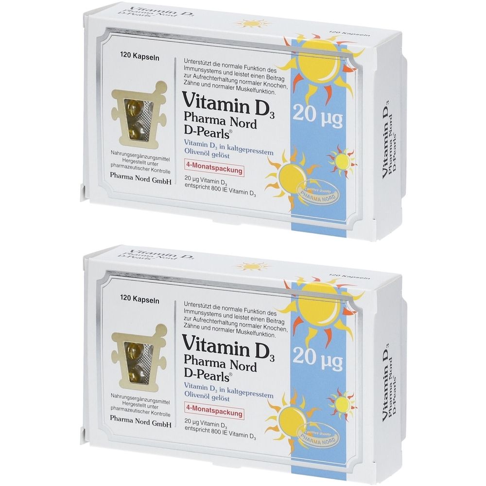 Zwei Packungen Vitamin D3 D-Pearls. Weiße Schachteln mit Produktinformationen und dem Logo. 120 Kapseln.