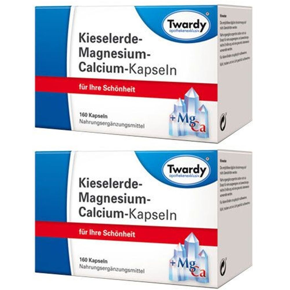 Zwei Schachteln mit Kieselerde Magnesium Calcium Kapseln. Aufschrift: Twardy, 160 Kapseln, Nahrungsergänzungsmittel.