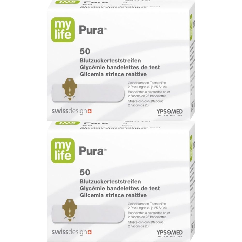 Zwei Packungen mylife Pura Blutzucker Teststreifen. Aufschrift: 50, Blutzuckerteststreifen, Glycémie bandelettes de test, Glicemia strisce reattive.