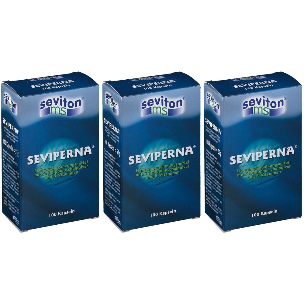 Drei blaue Schachteln mit der Aufschrift SEVIPERNA. Auf jeder Schachtel steht „100 Kapseln“ und der Markenname „seviton ms“.